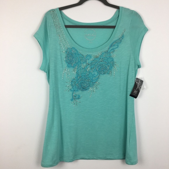 INC International Concepts Tops - INC Sweet Aqua beaded scoop neck tee. Large
